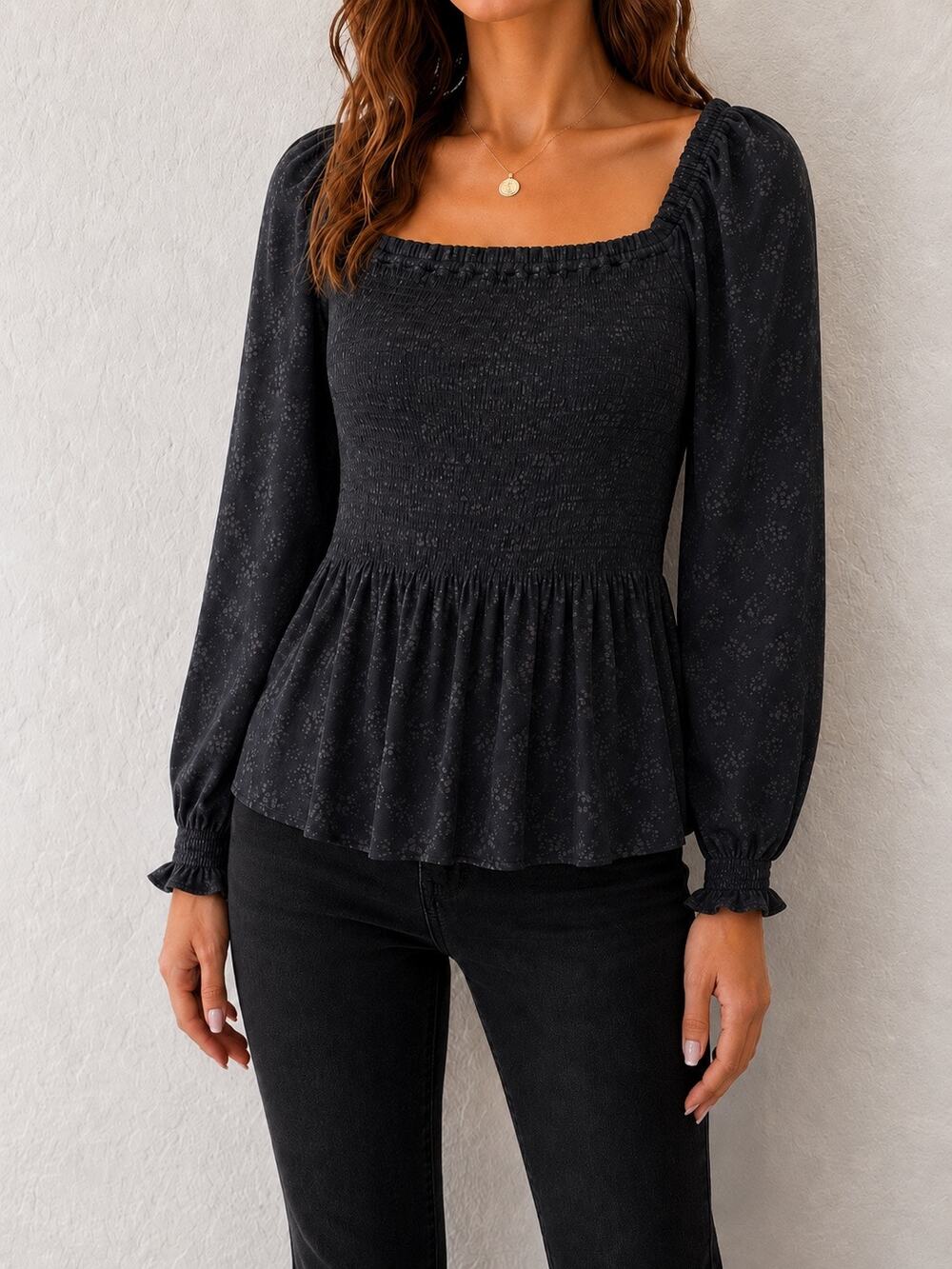 GAP Black Smocked Floral Peplum Blouse Puff Sleeve Top Cottagecore NWT | Large
